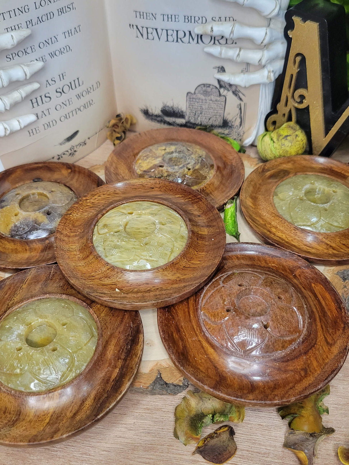 Wood & Soapstone Handcrafted Incense Burner, Sticks, and Cone Holder, Home Decor