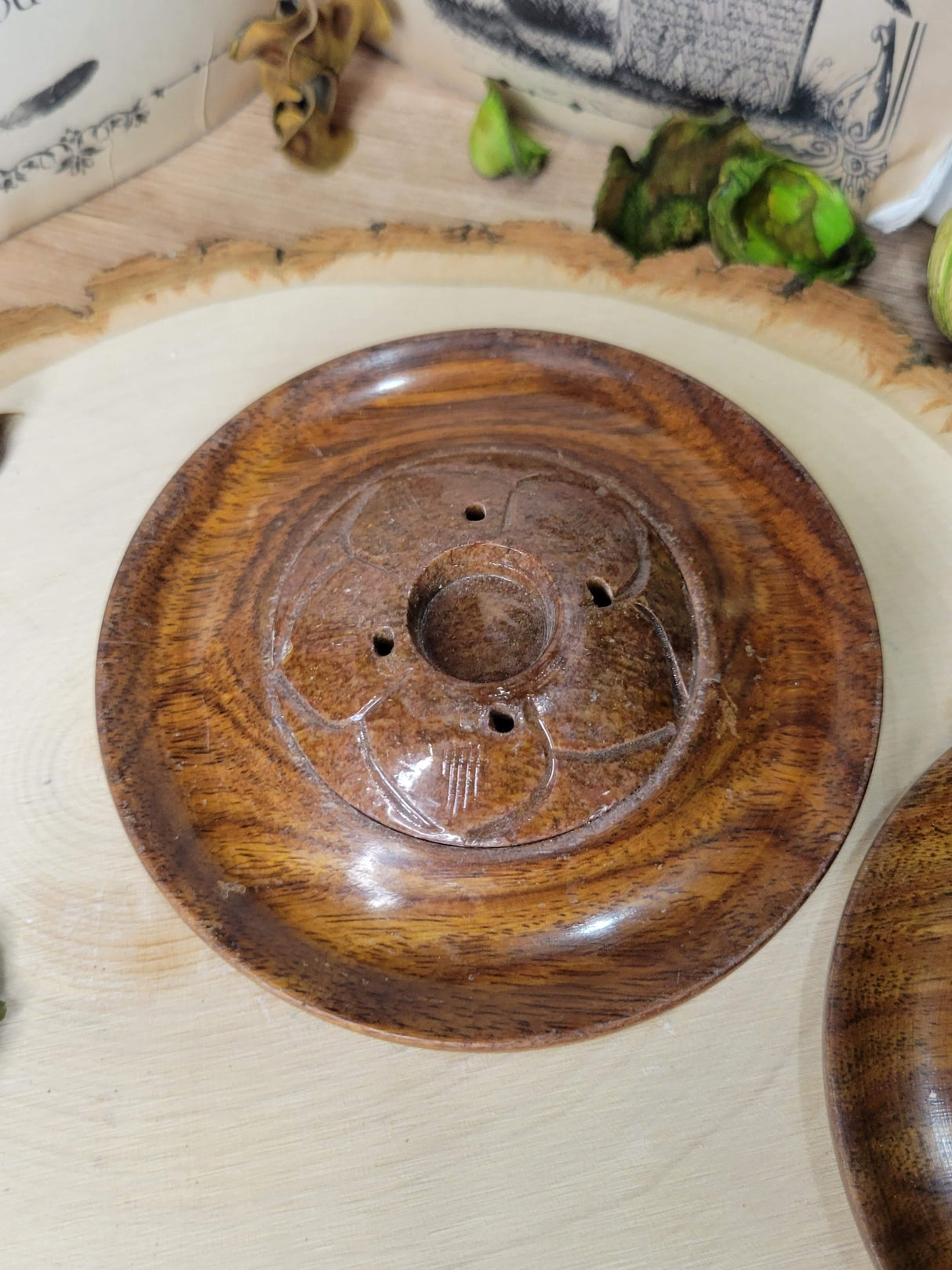 Wood & Soapstone Handcrafted Incense Burner, Sticks, and Cone Holder, Home Decor