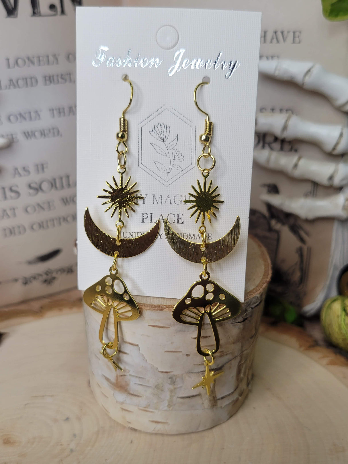 Gold Star Sun Mushroom Earrings, Witchy Earrings
