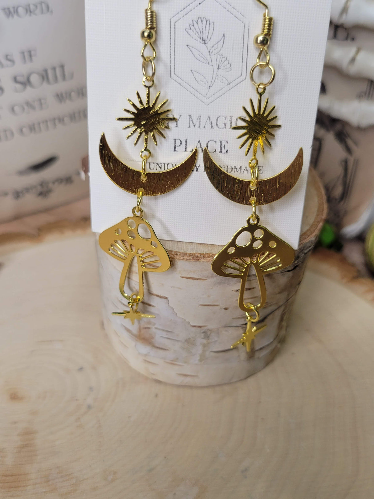 Gold Star Sun Mushroom Earrings, Witchy Earrings