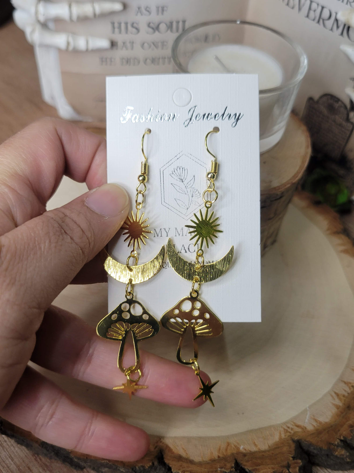 Gold Star Sun Mushroom Earrings, Witchy Earrings