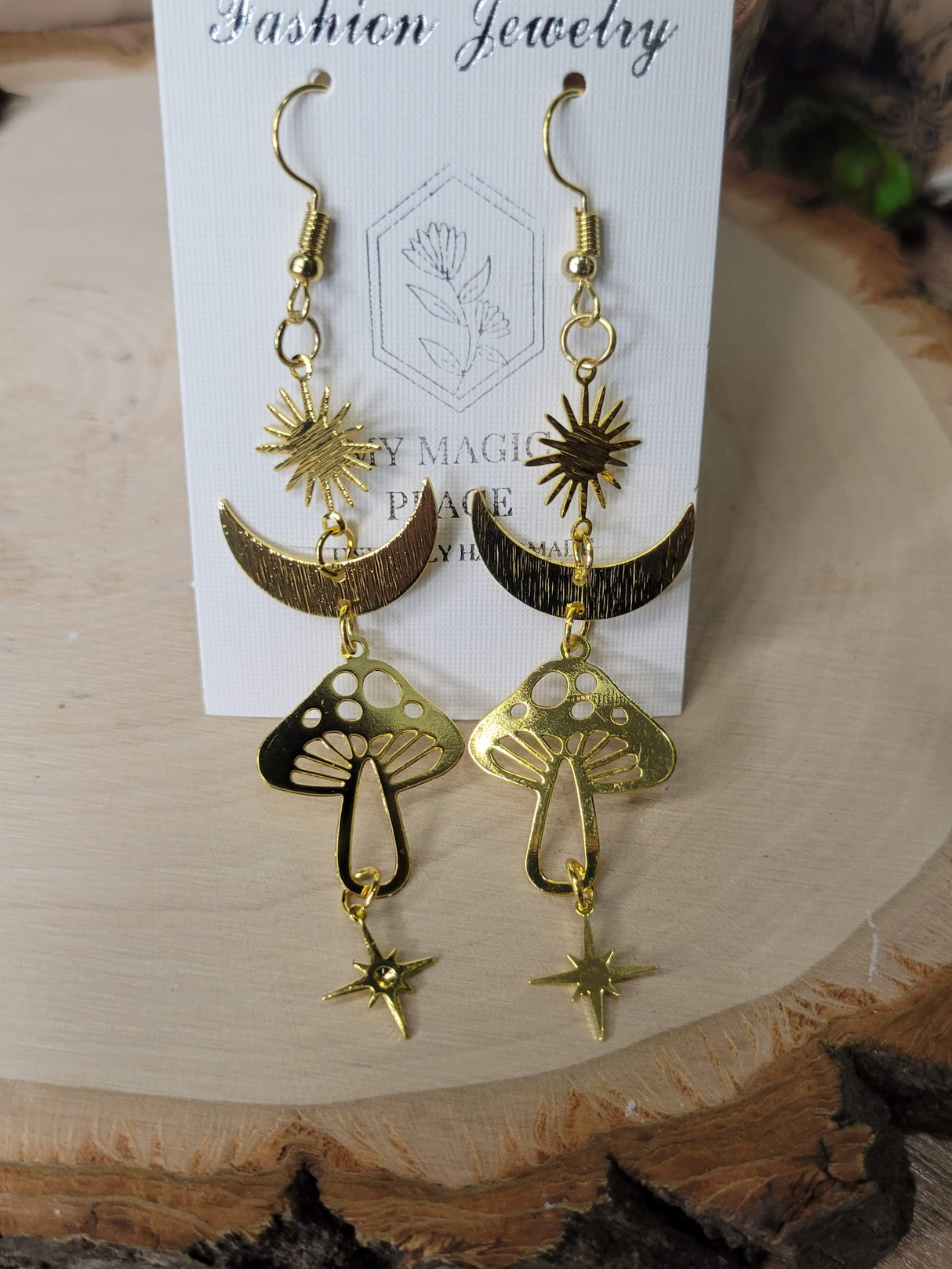 Gold Star Sun Mushroom Earrings, Witchy Earrings