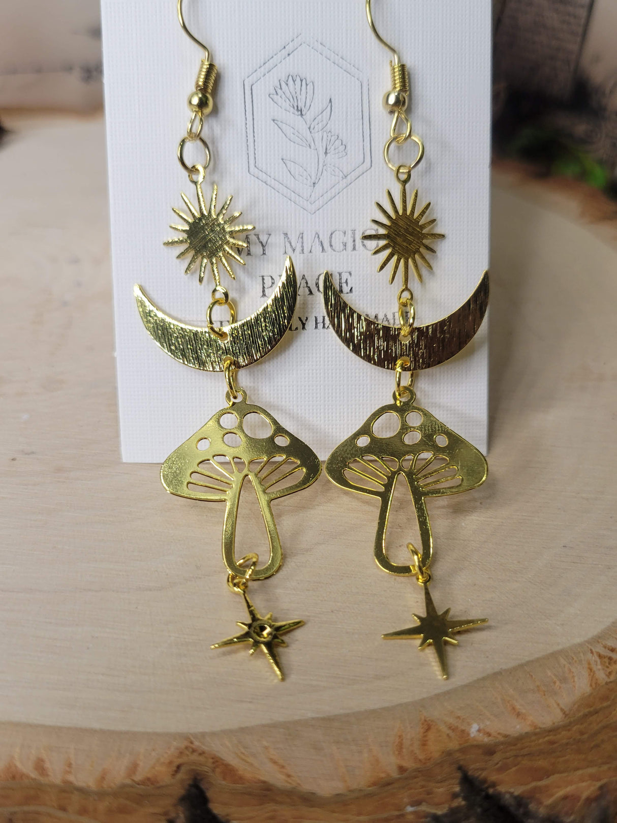 Gold Star Sun Mushroom Earrings, Witchy Earrings