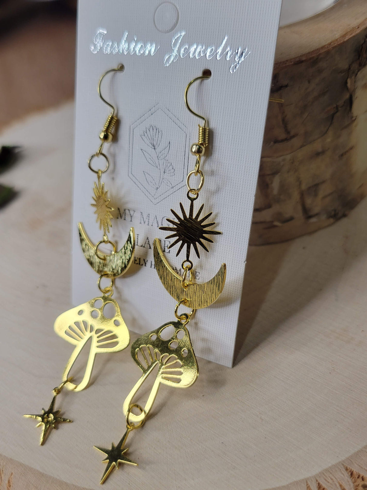 Gold Star Sun Mushroom Earrings, Witchy Earrings
