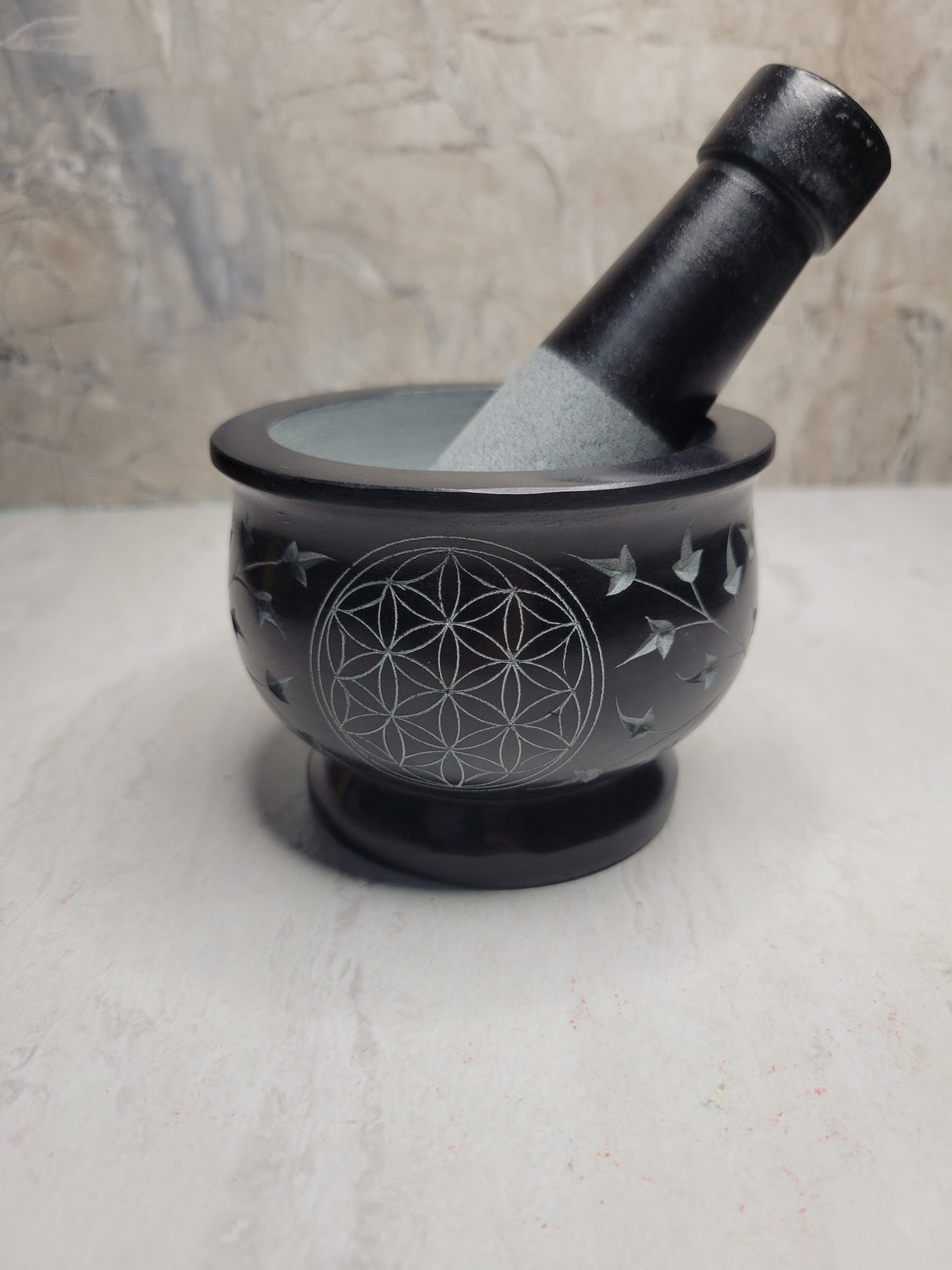 Flower of Life Black Soapstone Mortar and Pestle - Handmade Herb Grinder
