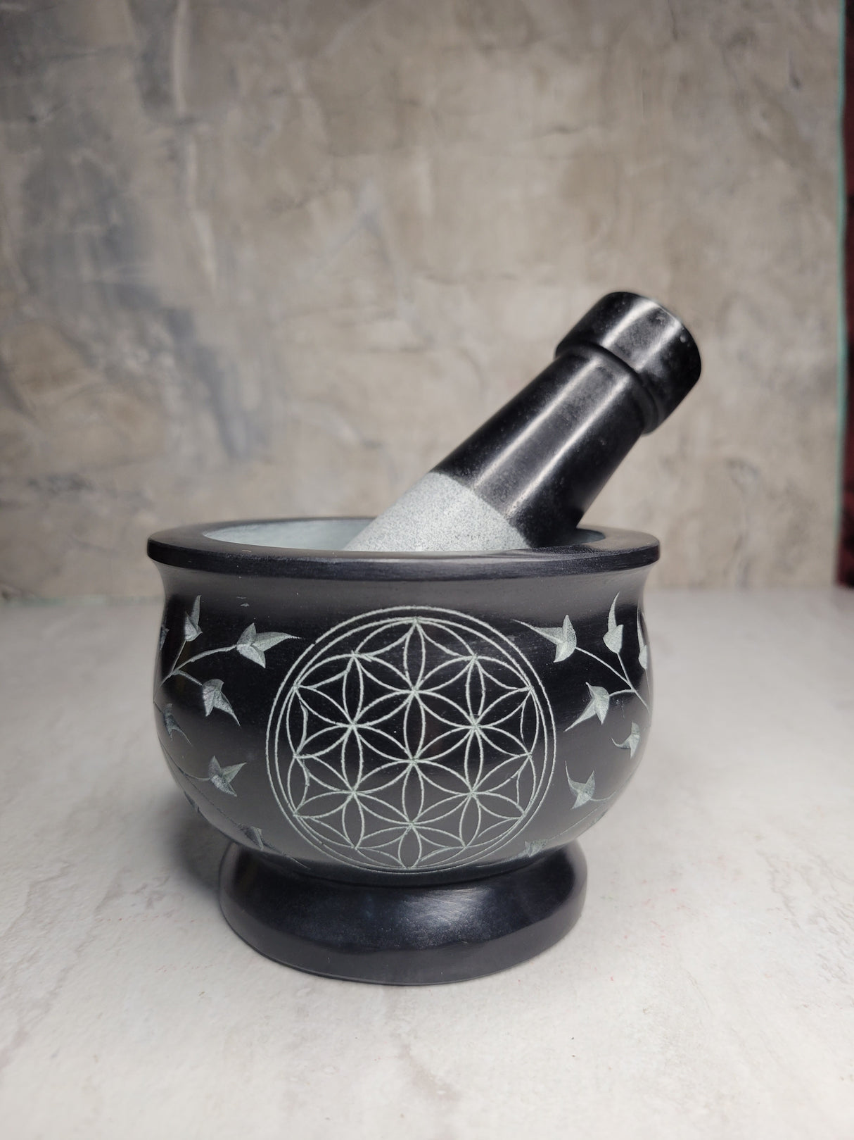 Flower of Life Black Soapstone Mortar and Pestle - Handmade Herb Grinder