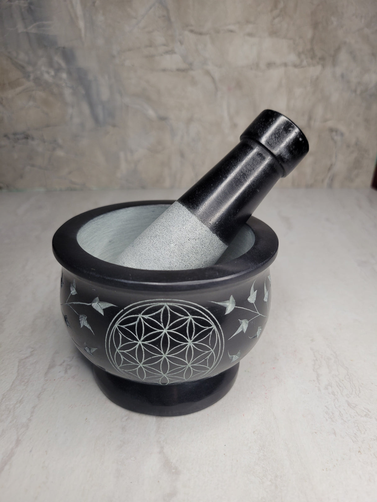 Flower of Life Black Soapstone Mortar and Pestle - Handmade Herb Grinder