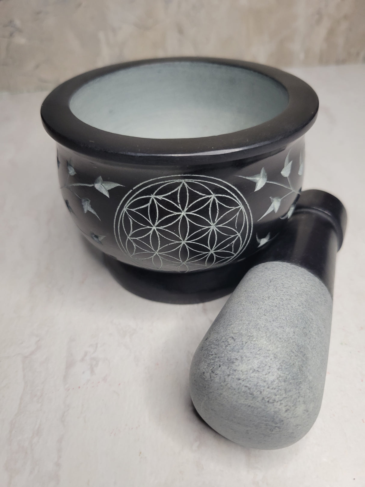 Flower of Life Black Soapstone Mortar and Pestle - Handmade Herb Grinder