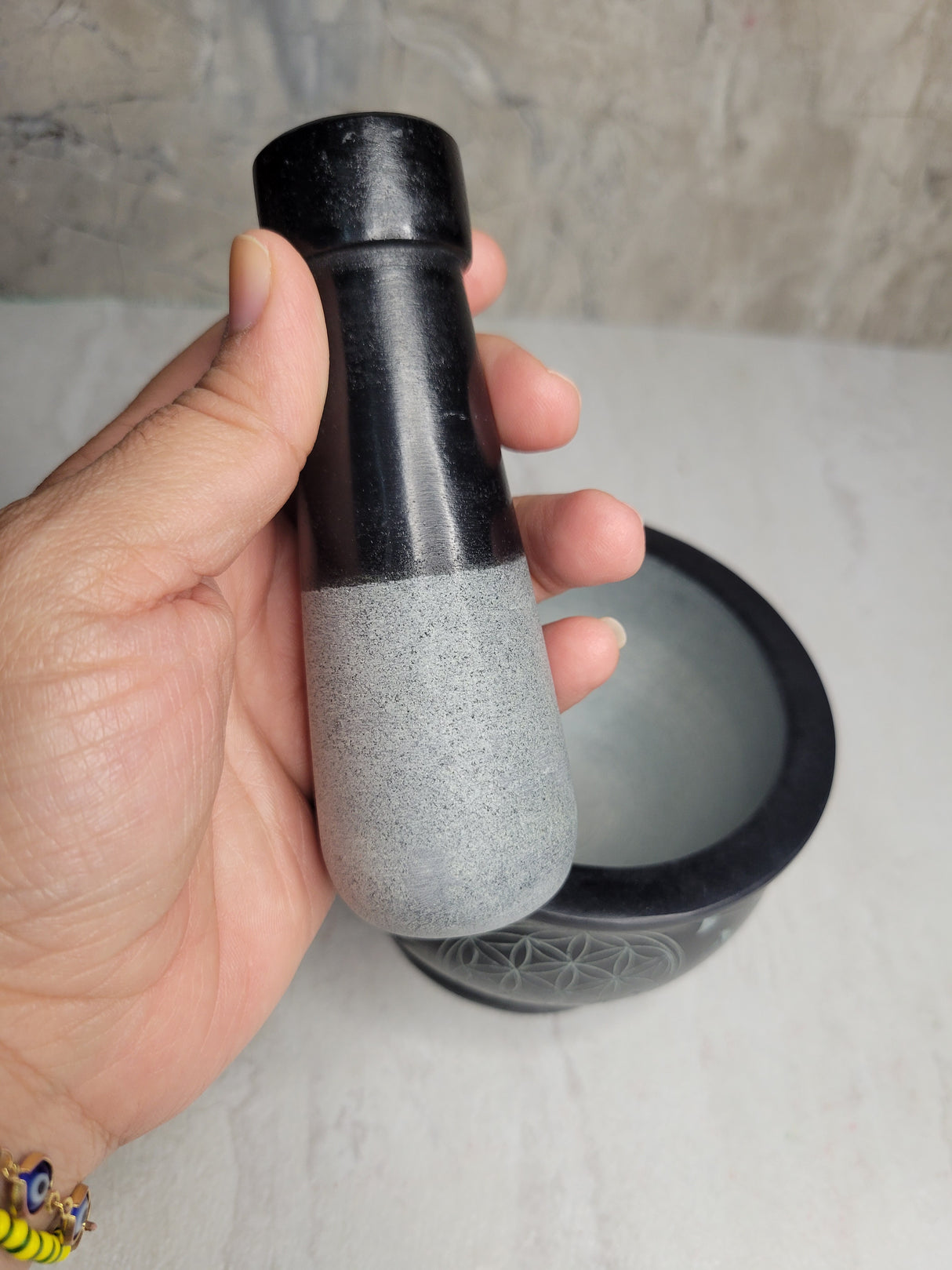 Flower of Life Black Soapstone Mortar and Pestle - Handmade Herb Grinder