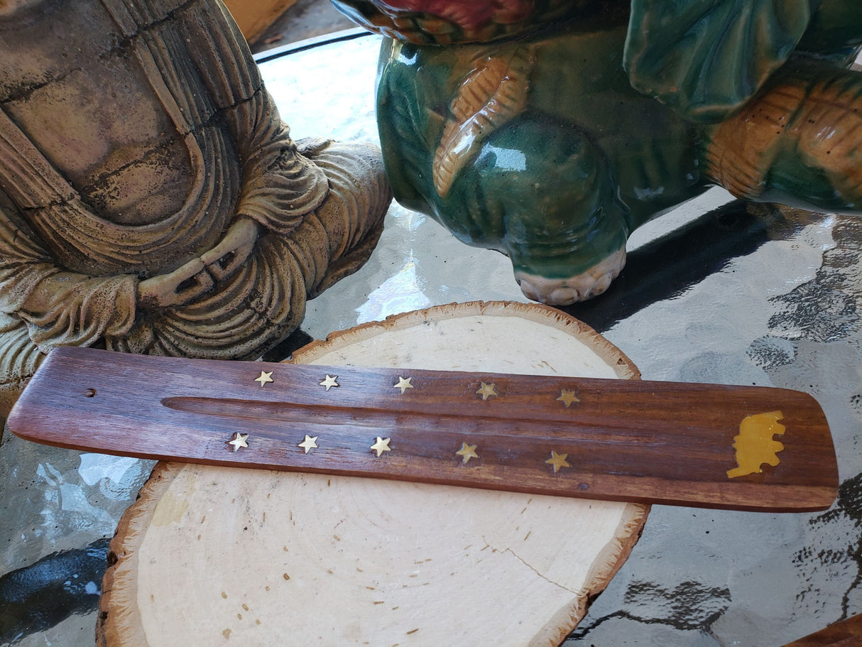Hand Crafted Wooden Incense Burner: Ash Catcher with Elephant, Moon, Star