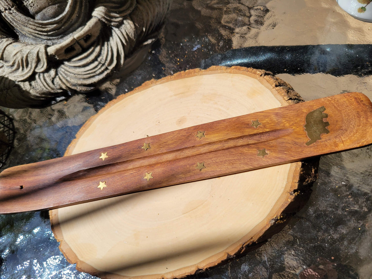 Hand Crafted Wooden Incense Burner: Ash Catcher with Elephant, Moon, Star