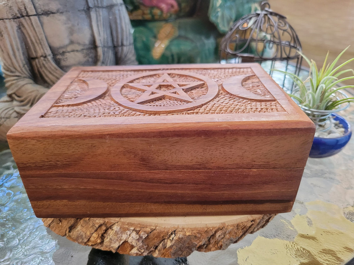 Triple Moon Pentagram Carved Wooden Box 4x6"