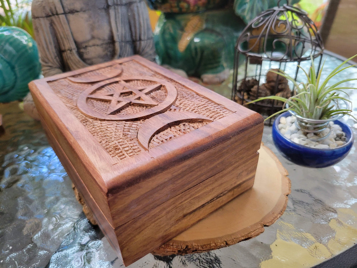 Triple Moon Pentagram Carved Wooden Box 4x6"- Wood Box- Triple Moon Box