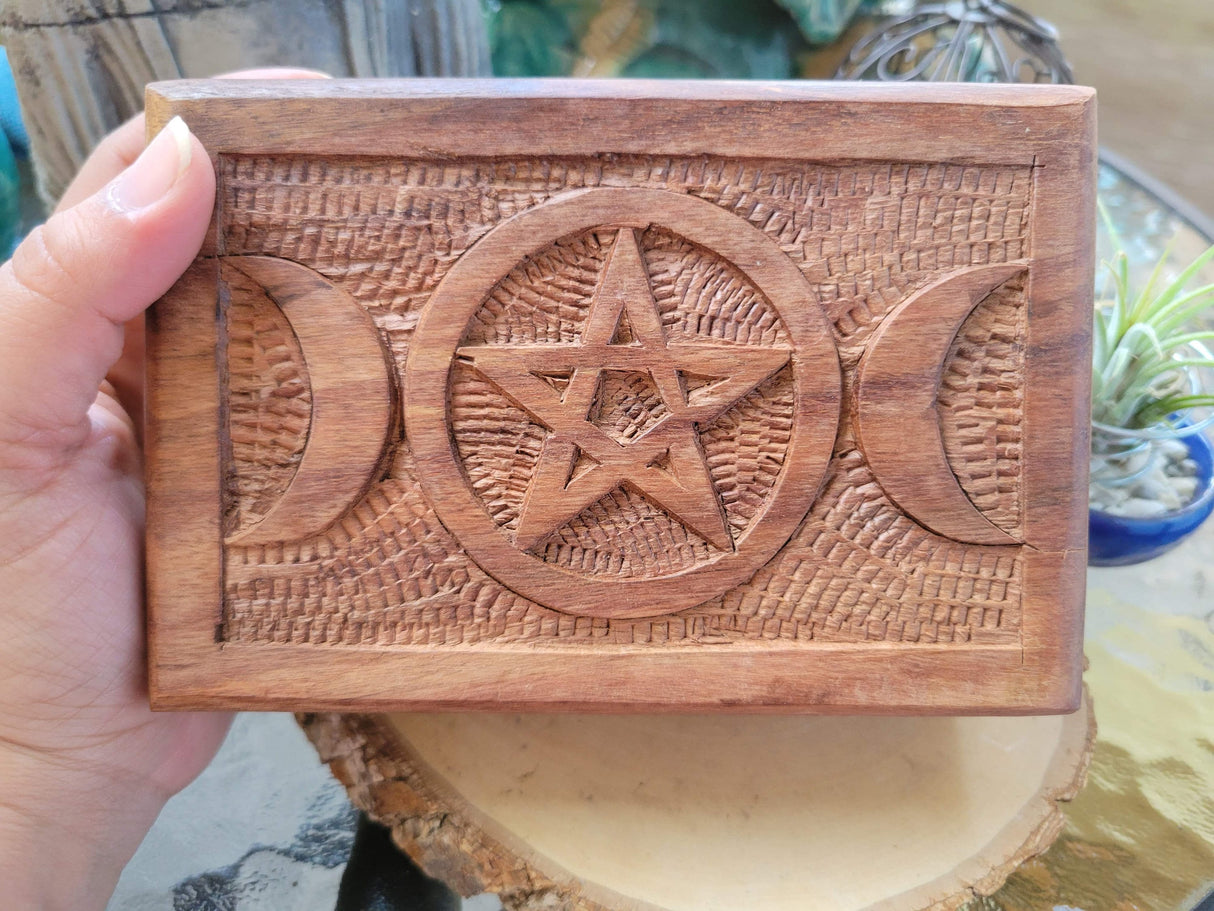 Triple Moon Pentagram Carved Wooden Box 4x6"- Wood Box- Triple Moon Box