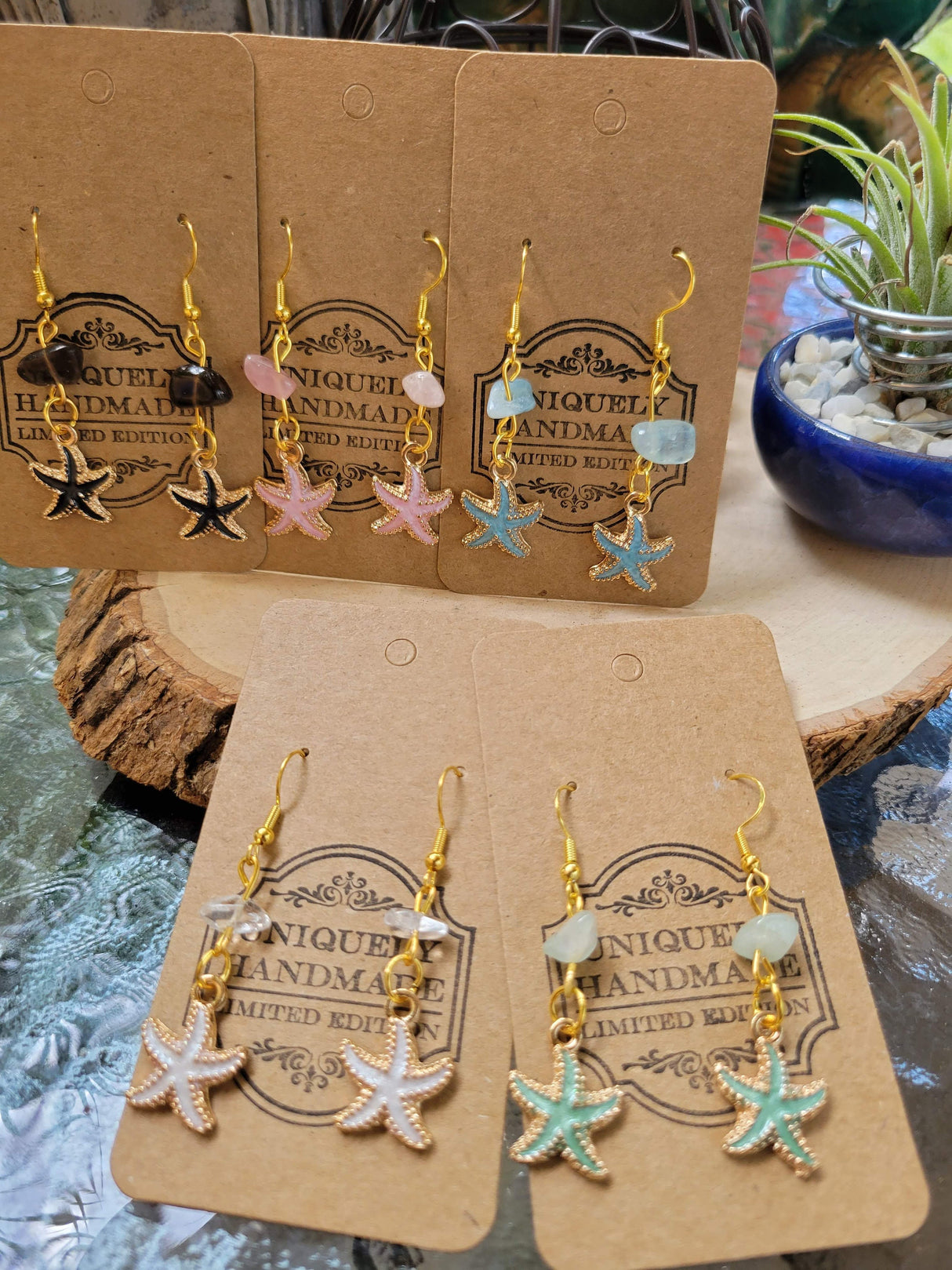 Star Charm Crystal Chip Earrings: Rose Quartz, Tourmaline, Clear Quartz