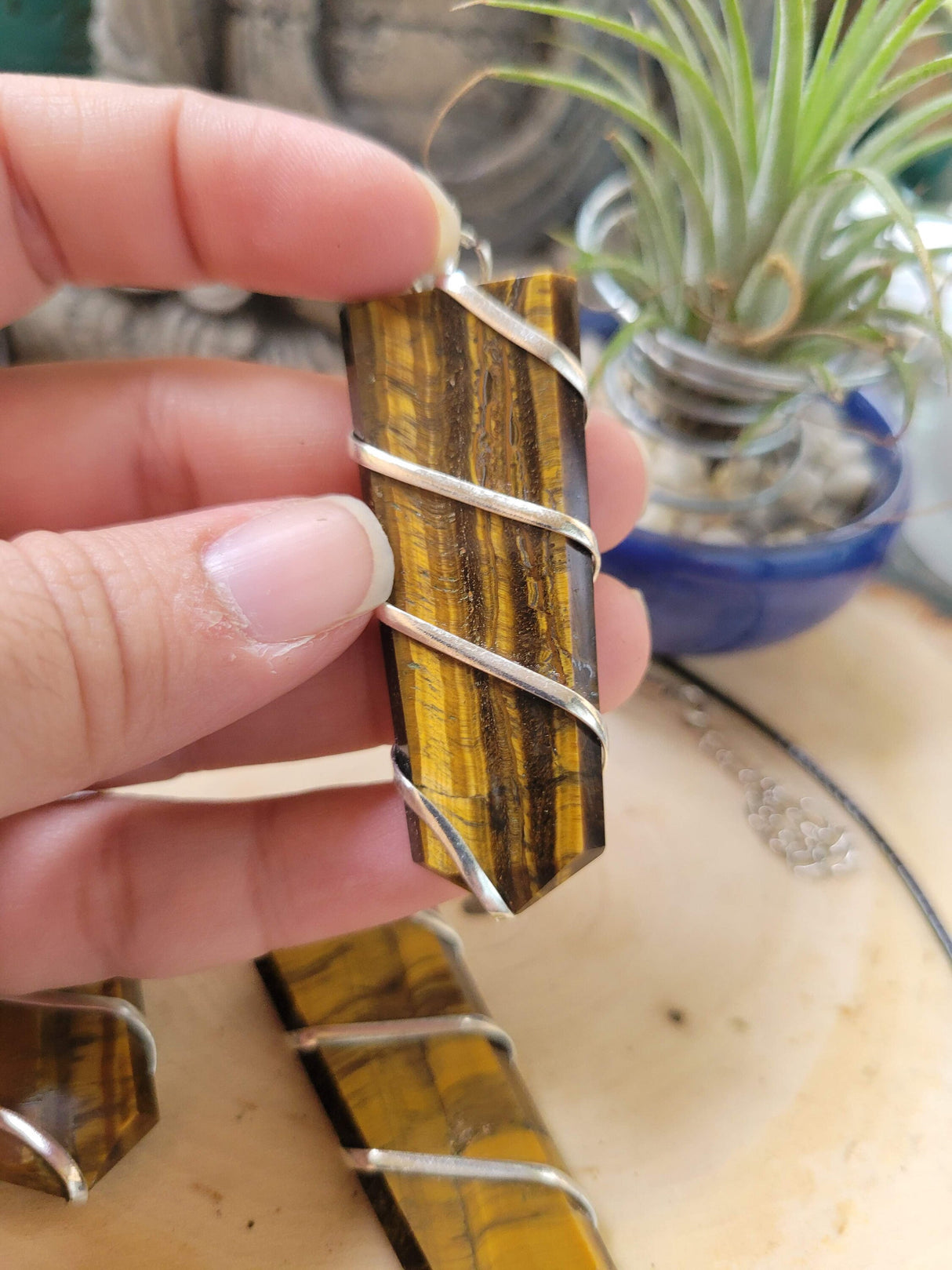 Wire Wrapped Tiger Eye Pendant with Cord: Crystal Jewelry