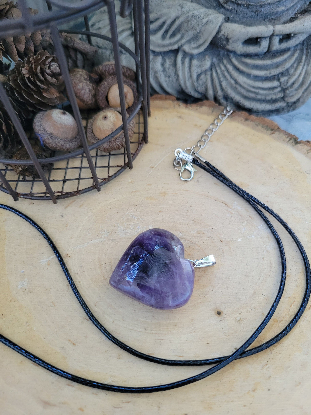 Amethyst / Clear Quartz Heart Shaped Crystal Pendant with Cord
