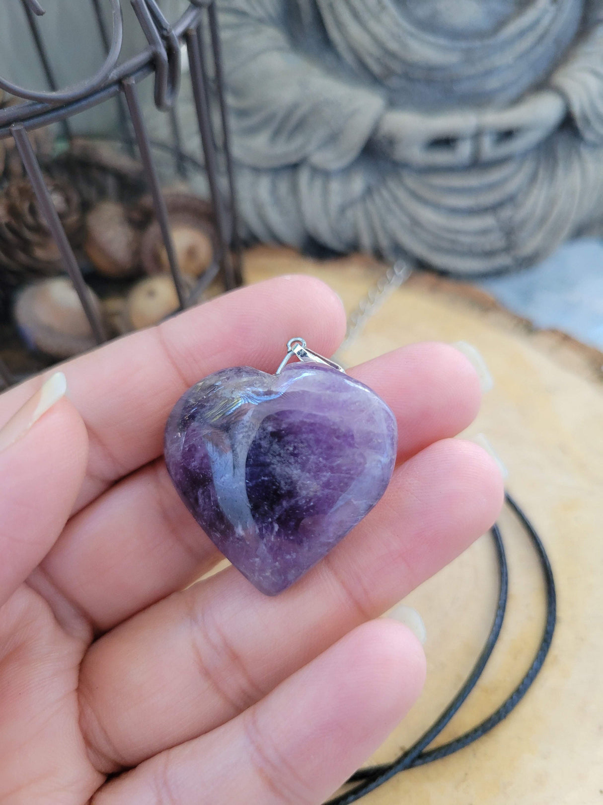 Amethyst / Clear Quartz Heart Shaped Crystal Pendant with Cord
