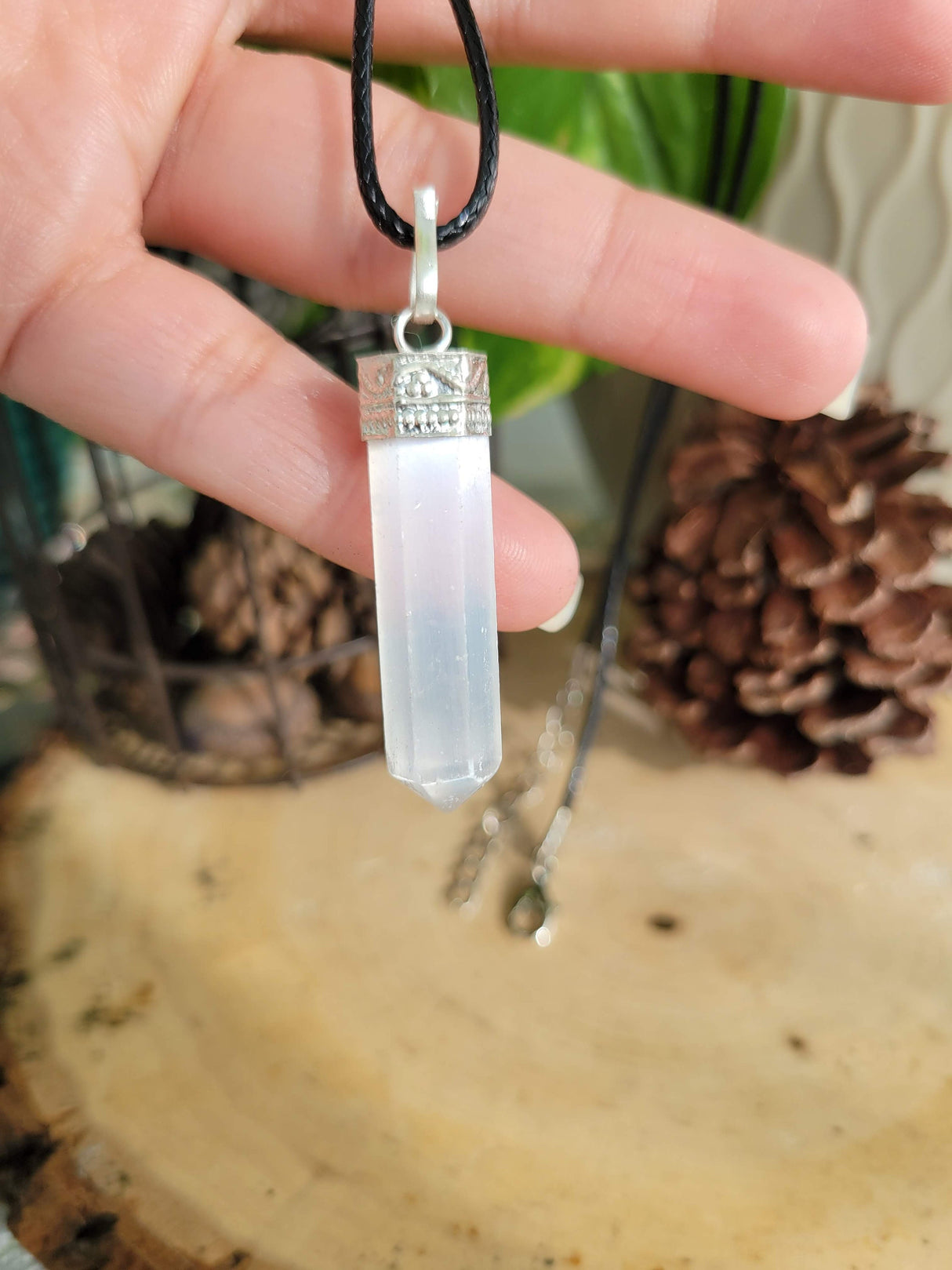 Selenite single Point Pencil Pendant with Cord , Protection Jewelry, Reiki Necklace