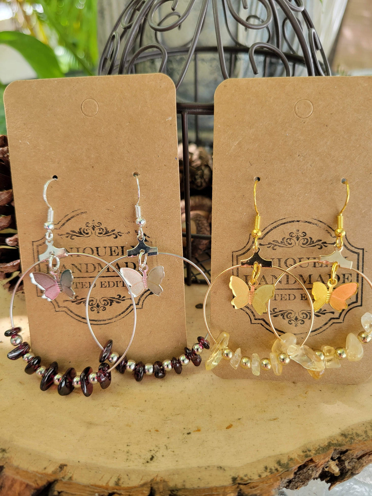 Butterfly Hoop Earrings: Crystal Chips, Hypoallergenic Jewelry