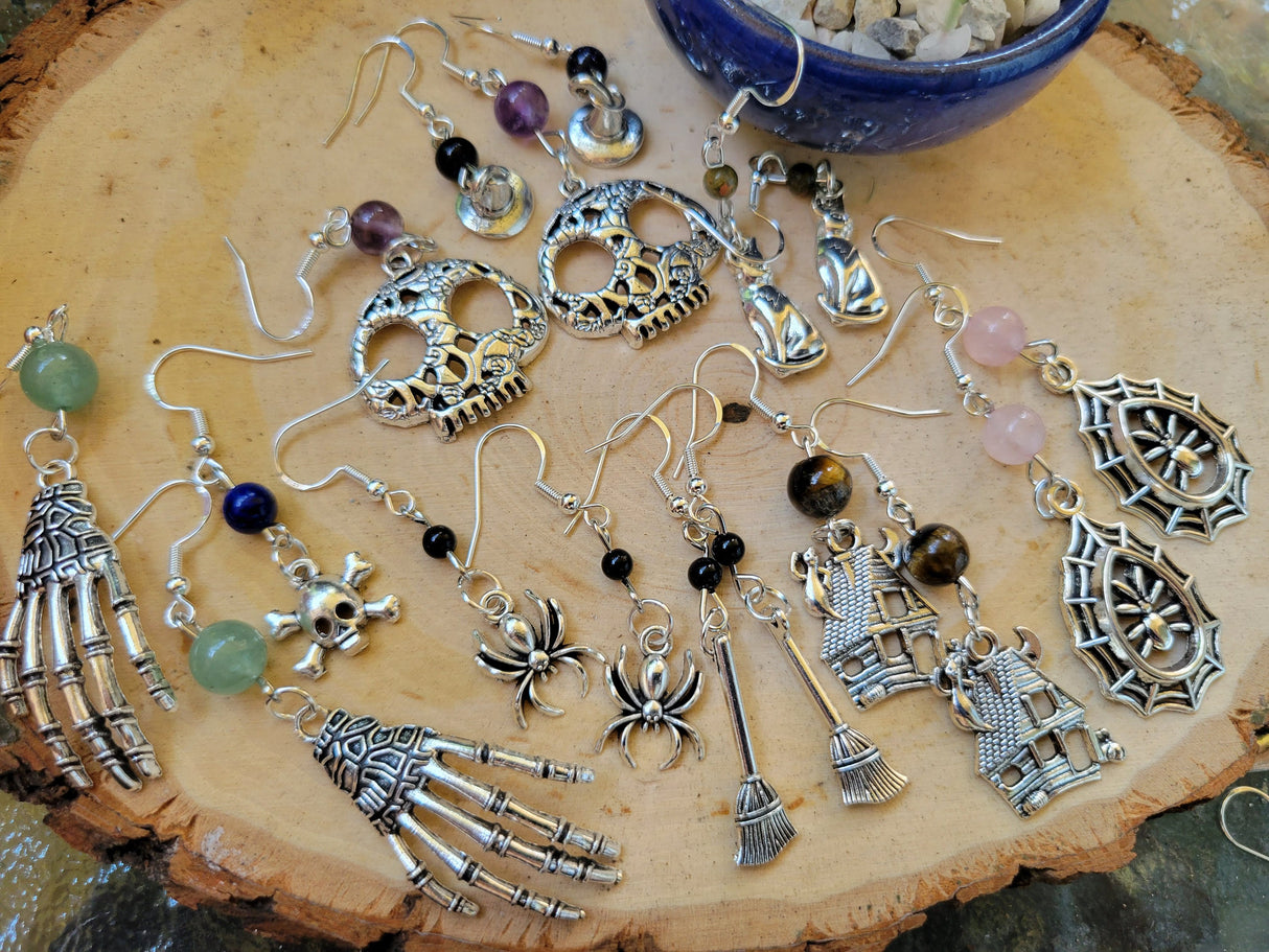 Halloween Dangle Earrings: Witch Charms, Gemstones, Hypoallergenic