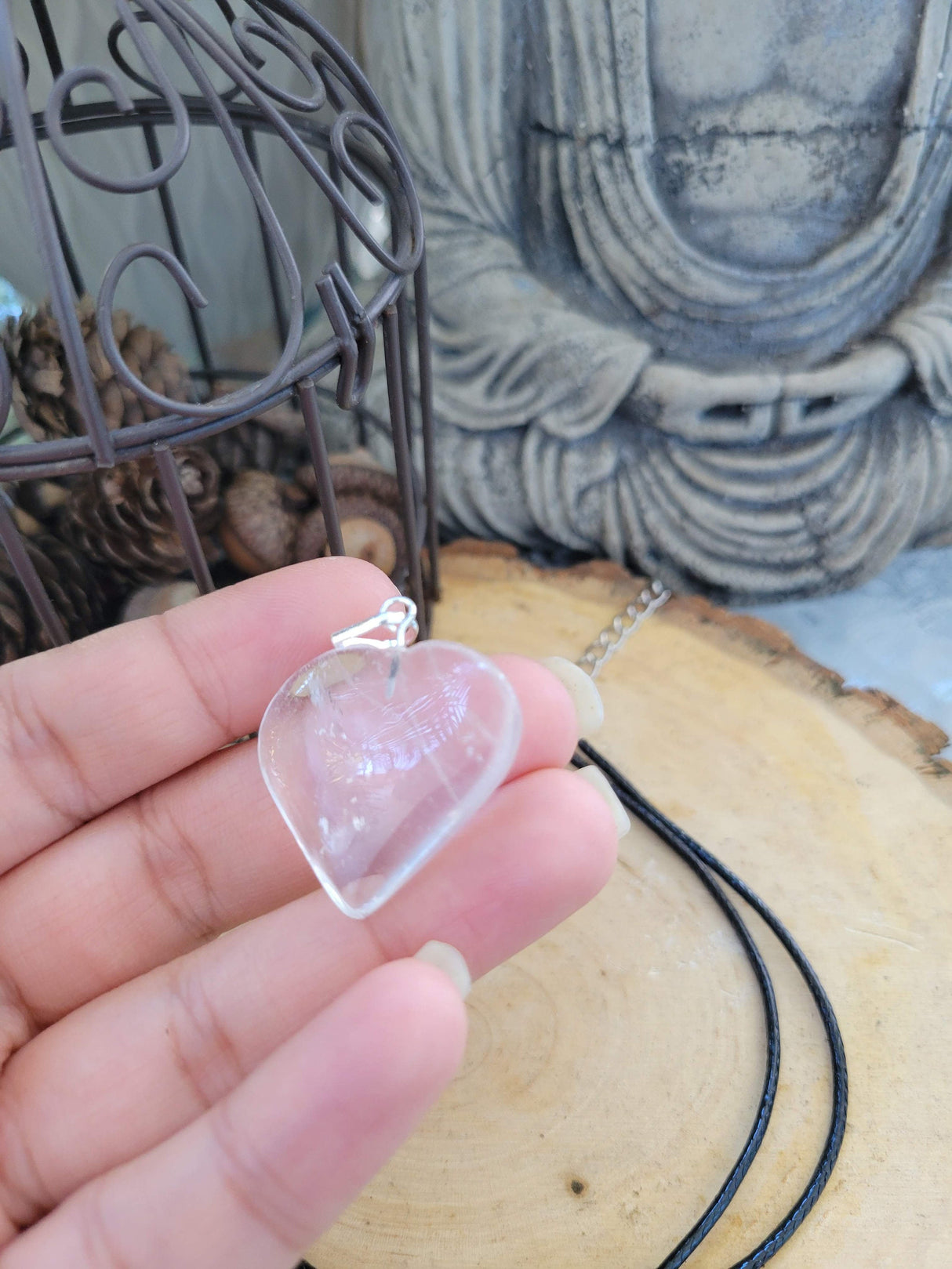 Amethyst / Clear Quartz Heart Shaped Crystal Pendant with Cord