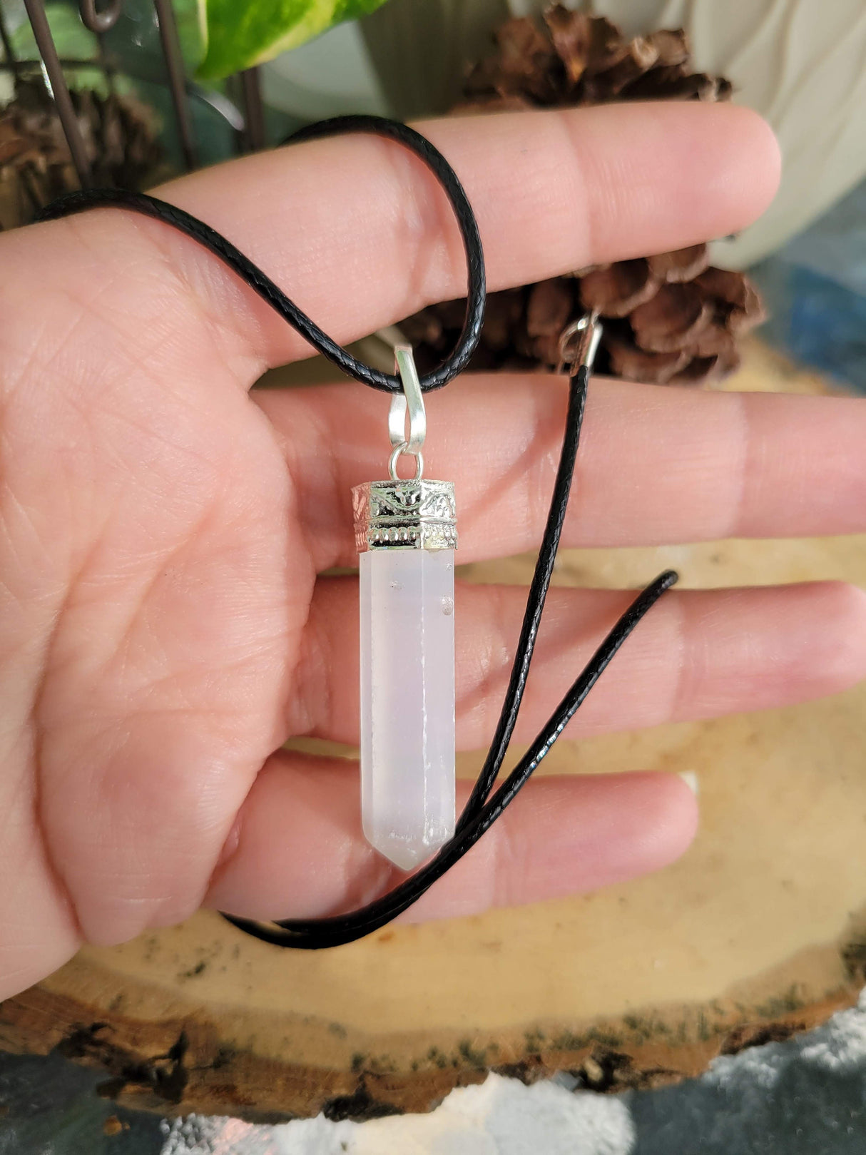 Selenite single Point Pencil Pendant with Cord , Protection Jewelry, Reiki Necklace