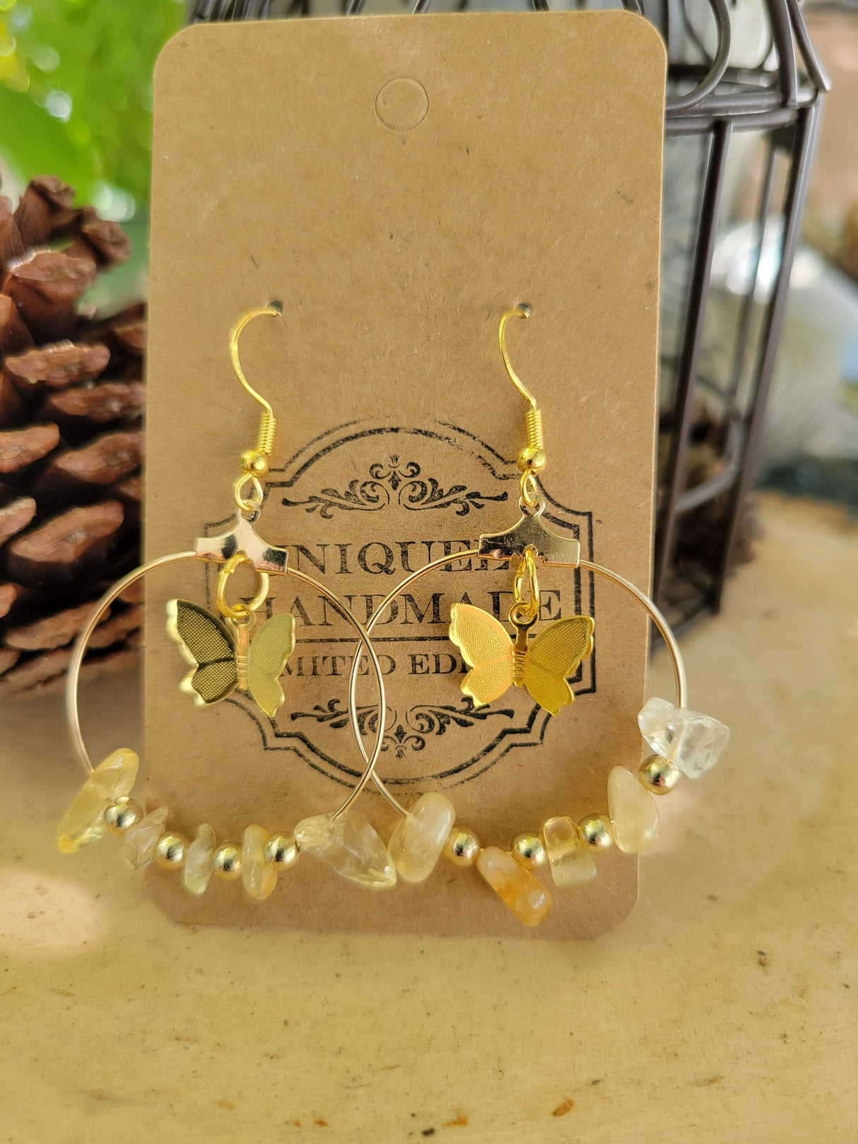 Butterfly Hoop Earrings: Crystal Chips, Hypoallergenic Jewelry