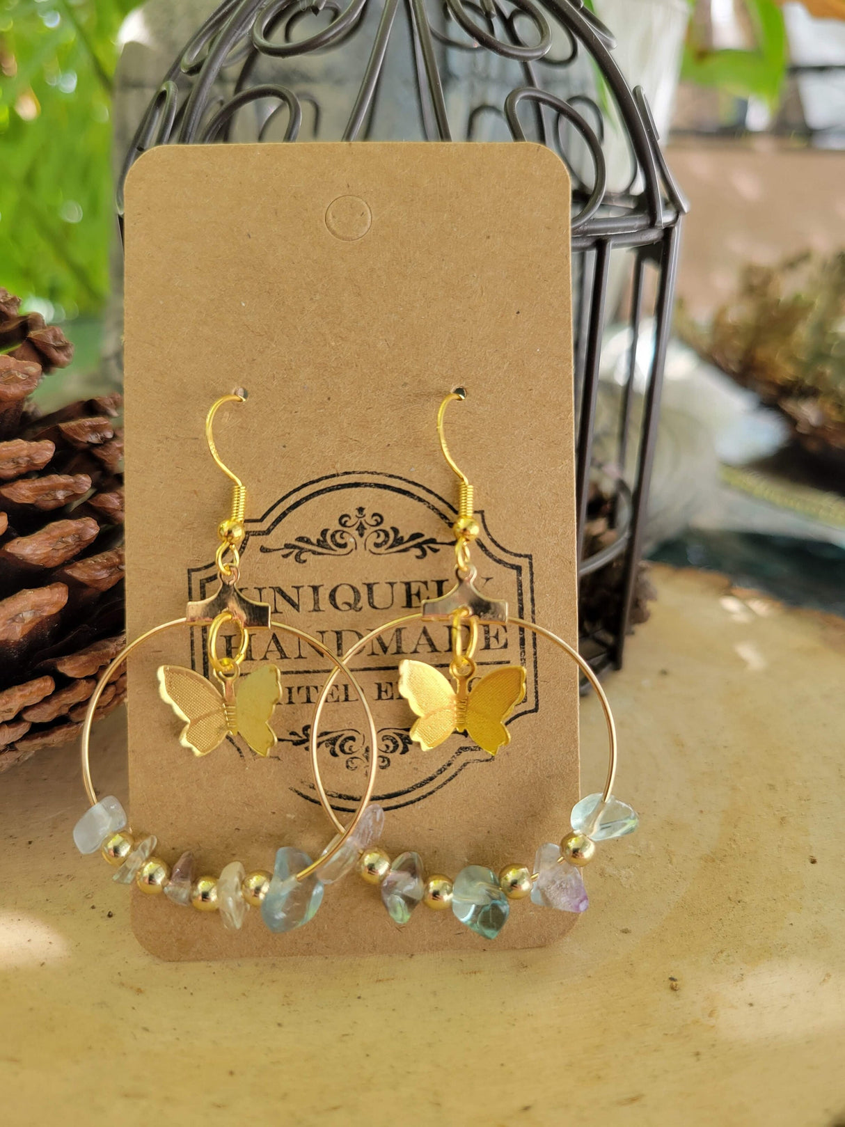 Butterfly Hoop Earrings: Crystal Chips, Hypoallergenic Jewelry