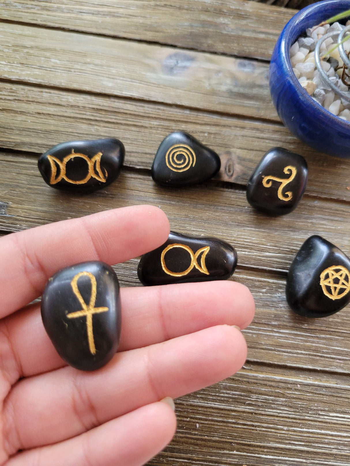 Wicca Symbols Black Agate Tumble Stones/ Witches Rune Set
