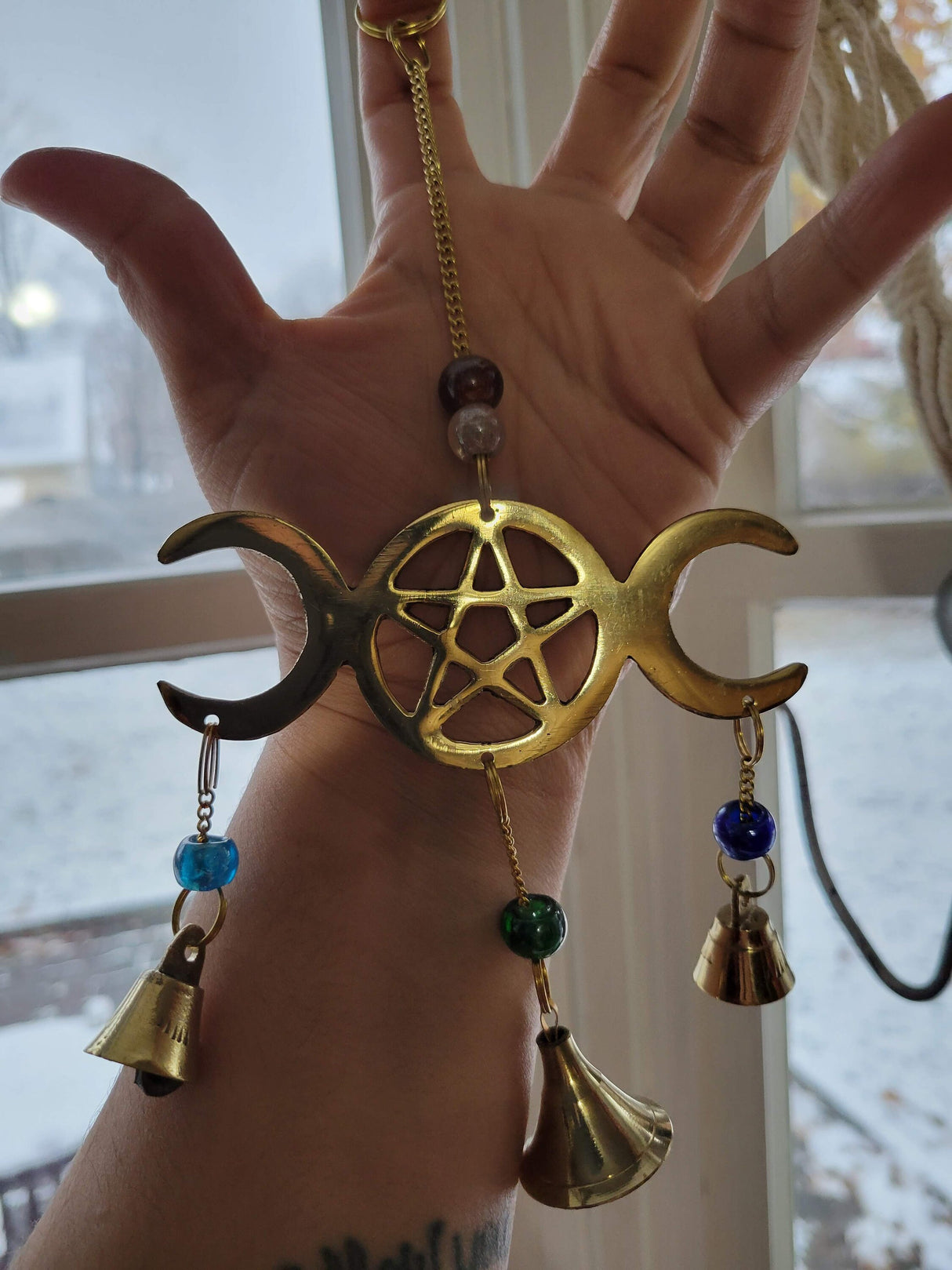 Triple Moon Pentagram Wind Chime Brass with Beads Witch Protection Bells