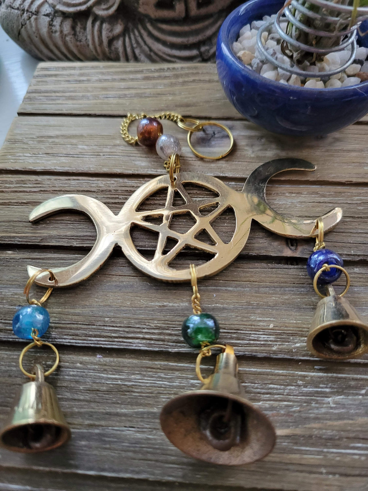 Triple Moon Pentagram Wind Chime Brass with Beads Witch Protection Bells