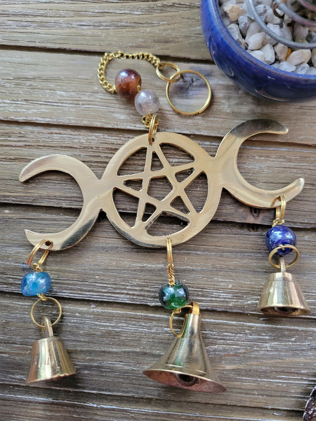 Triple Moon Pentagram Wind Chime Brass with Beads Witch Protection Bells