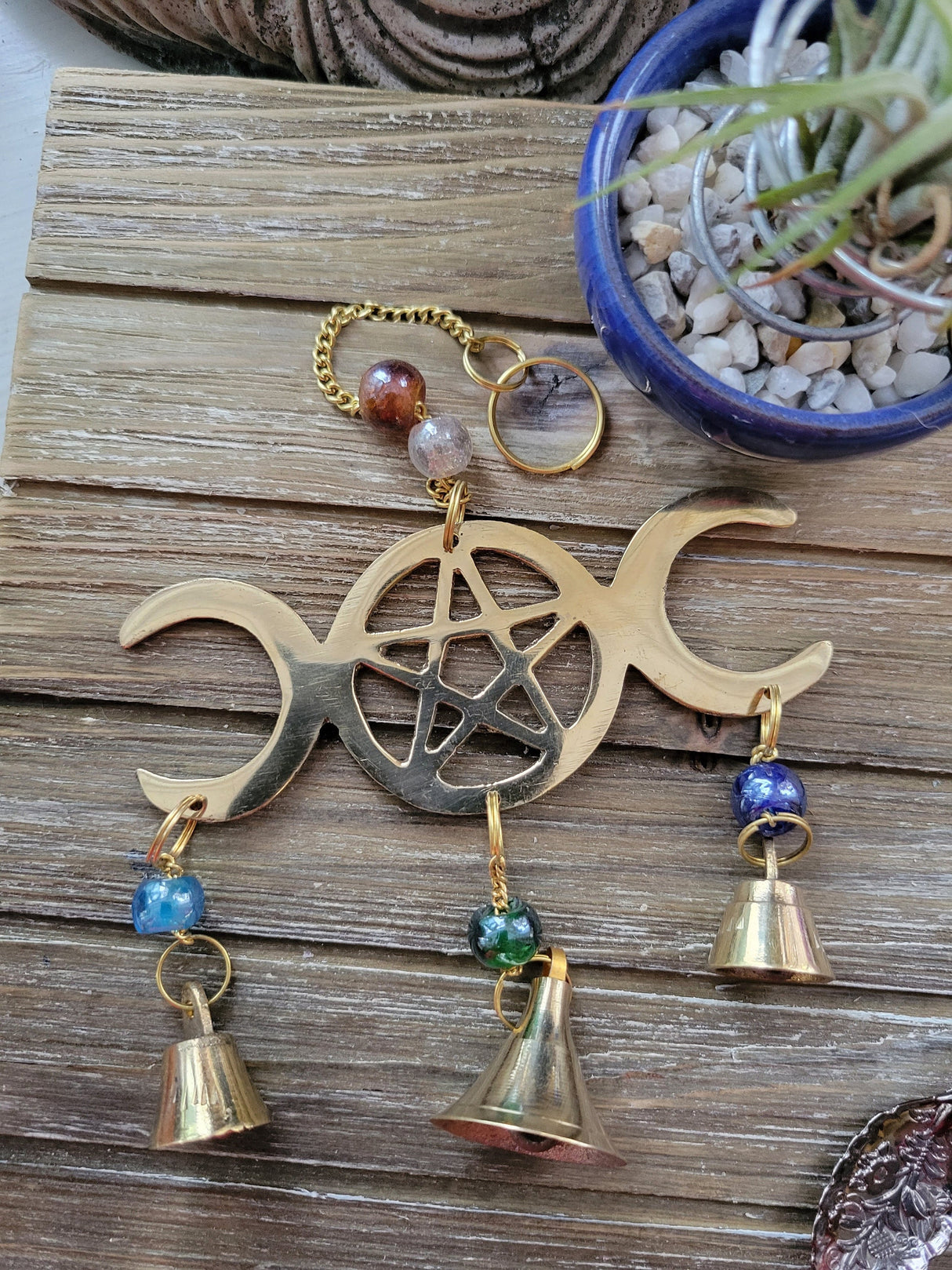 Triple Moon Pentagram Wind Chime Brass with Beads Witch Protection Bells