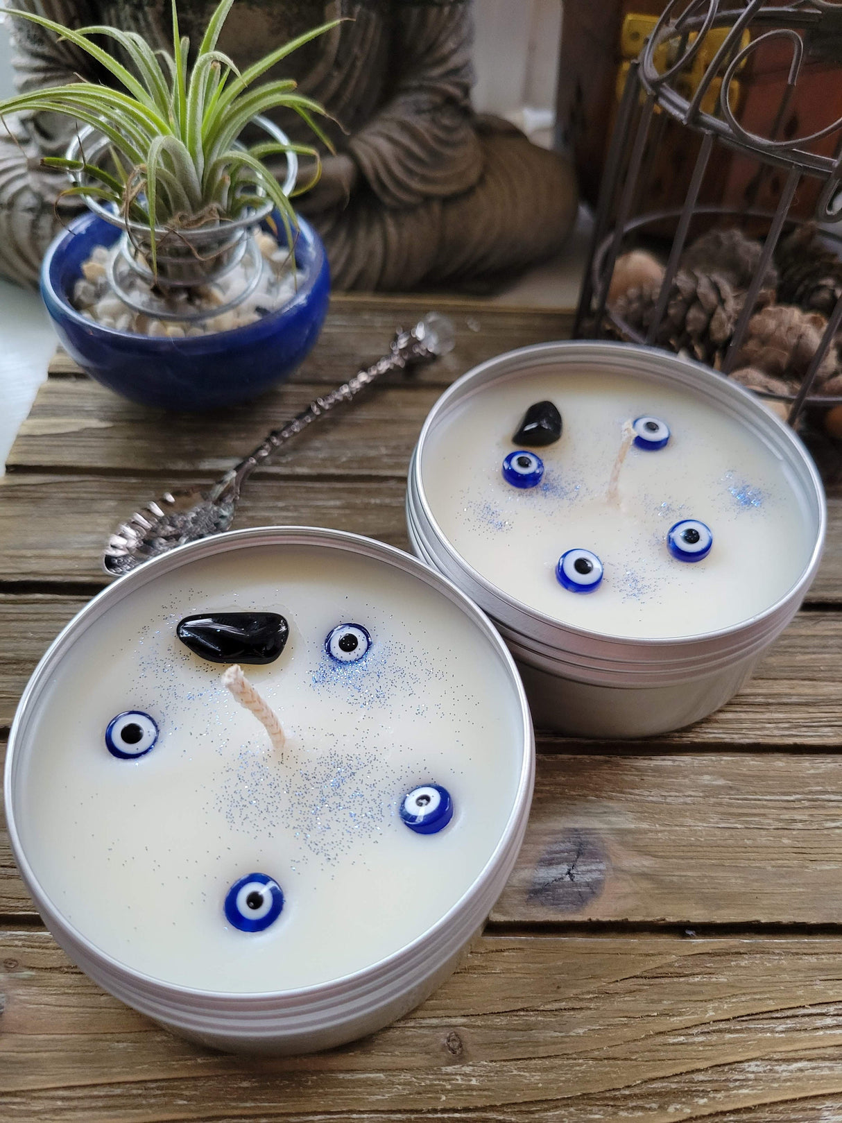 Evil Eye Protection Candle: Lavender Scented Soy Candle with Crystal - 4oz Tin