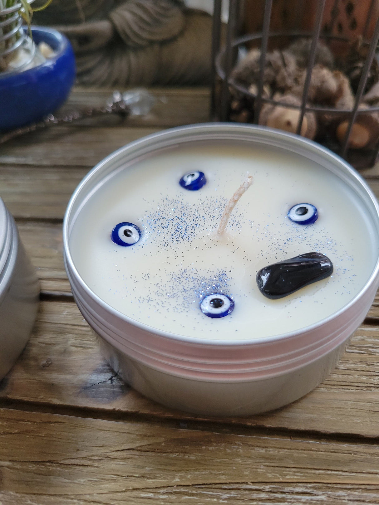 Evil Eye Protection Candle: Lavender Scented Soy Candle with Crystal - 4oz Tin