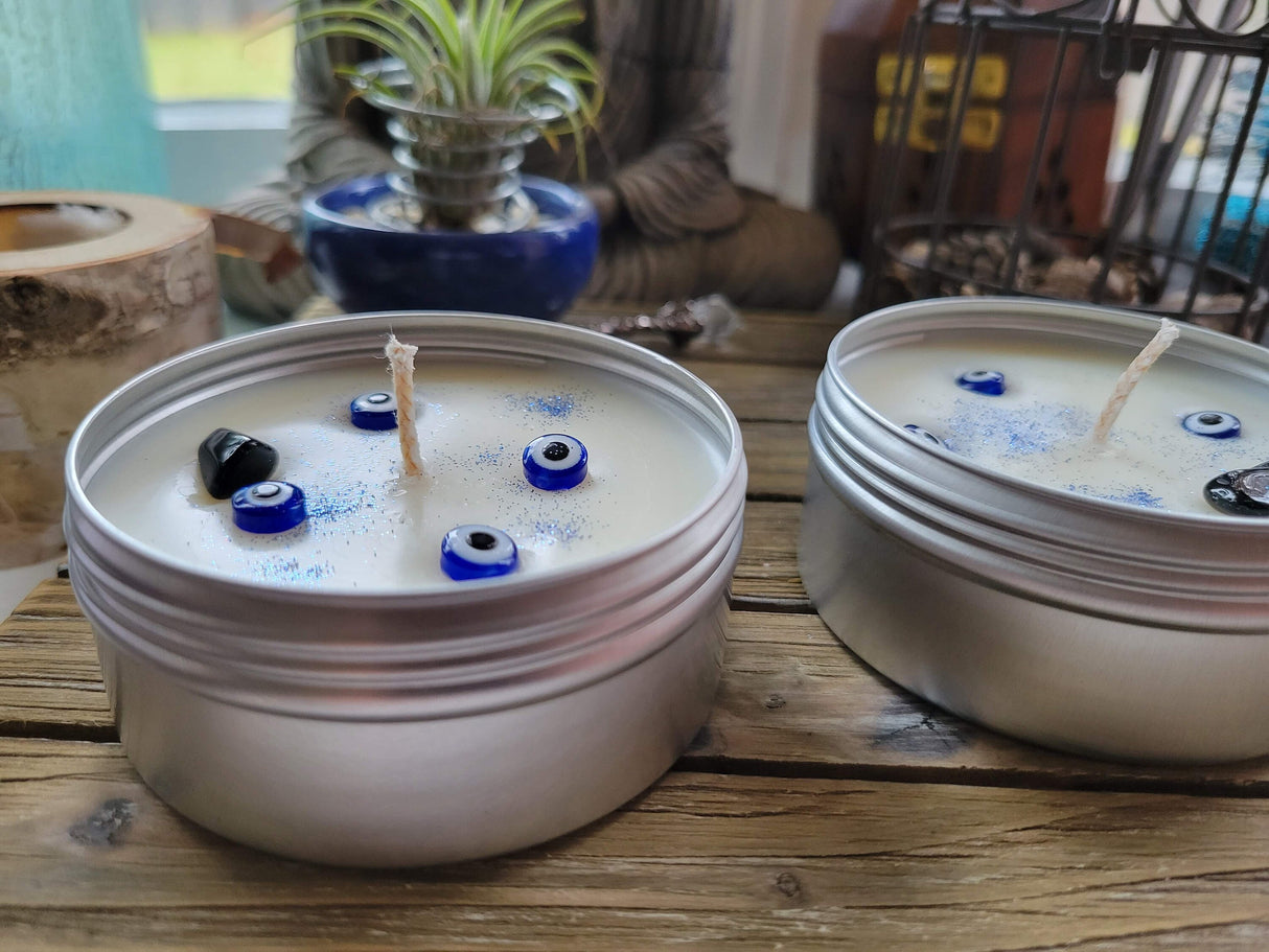 Evil Eye Protection Candle: Lavender Scented Soy Candle with Crystal - 4oz Tin
