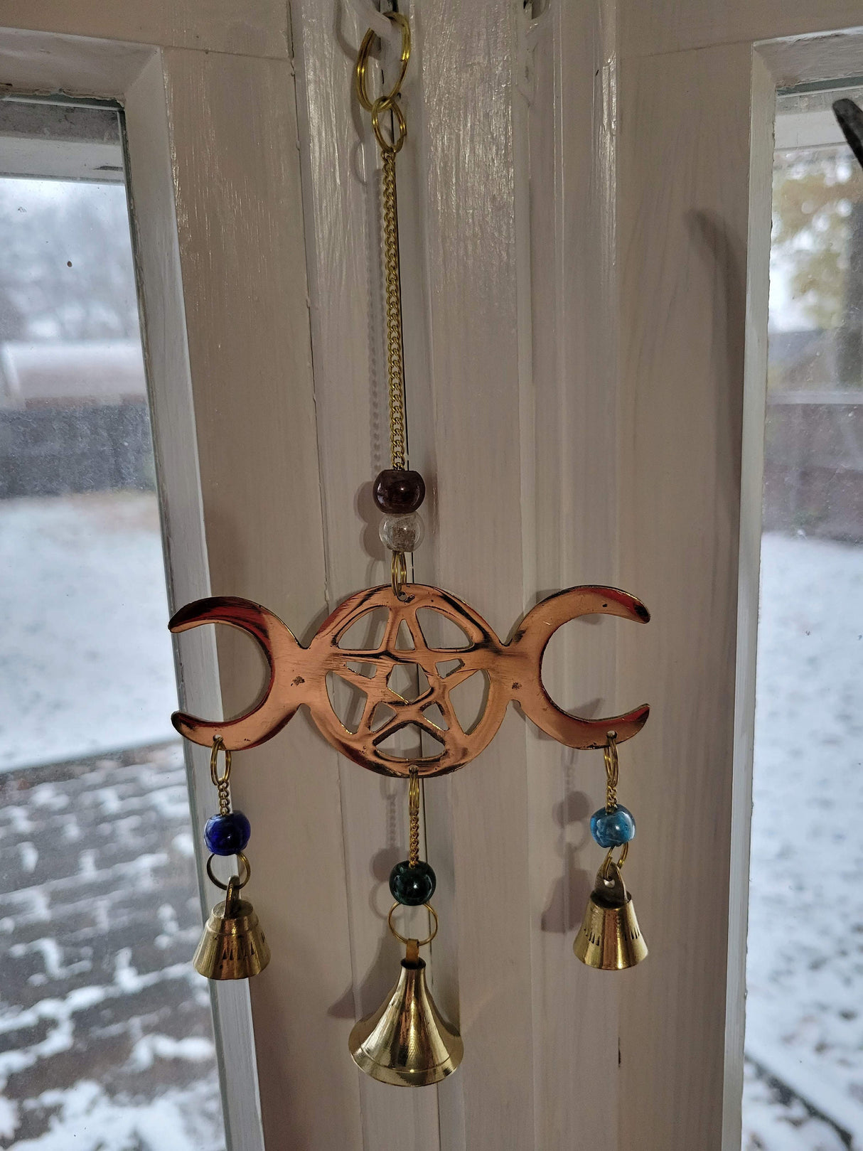 Triple Moon Pentagram Wind Chime Brass with Beads Witch Protection Bells