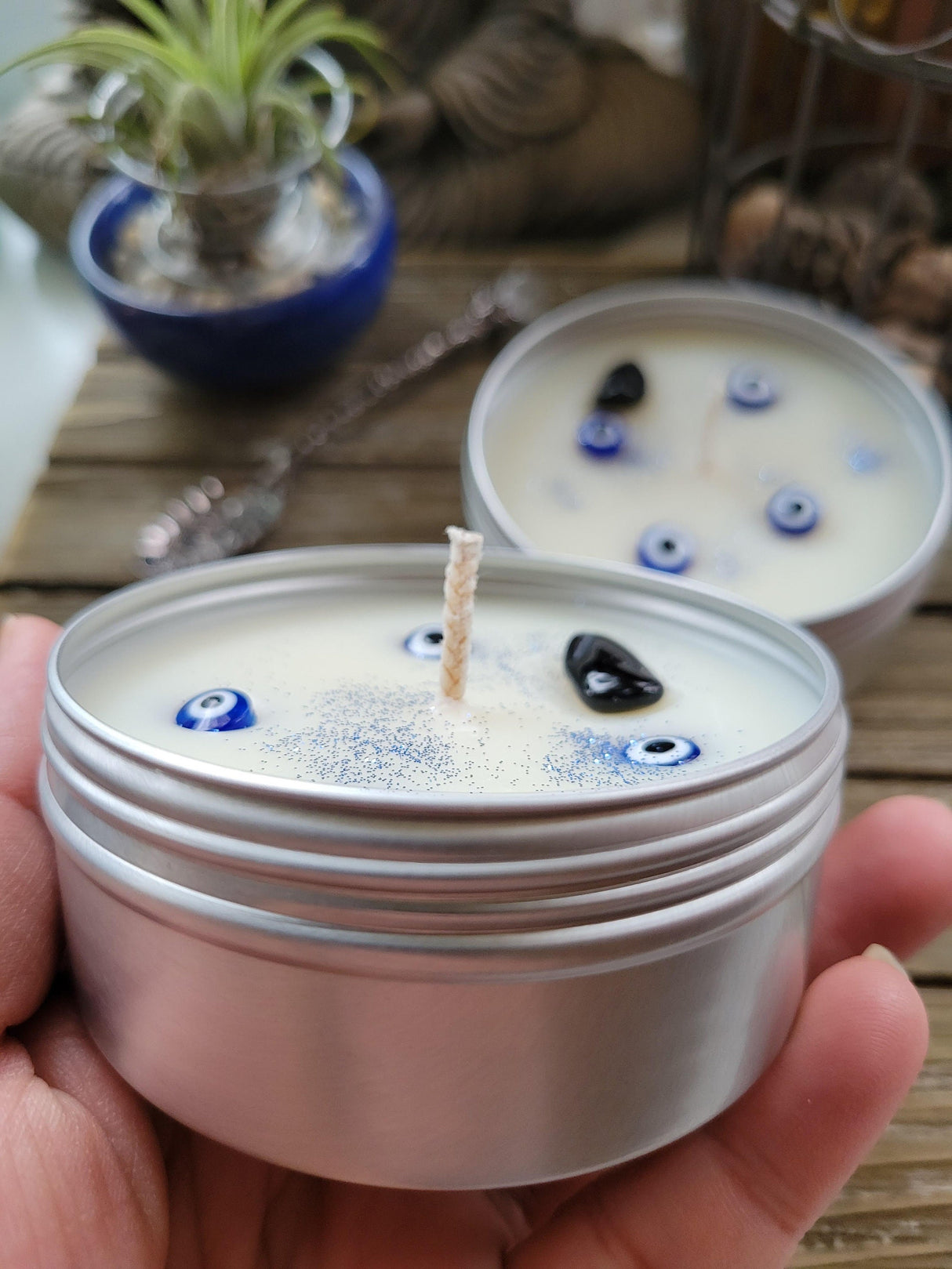 Evil Eye Protection Candle: Lavender Scented Soy Candle with Crystal - 4oz Tin