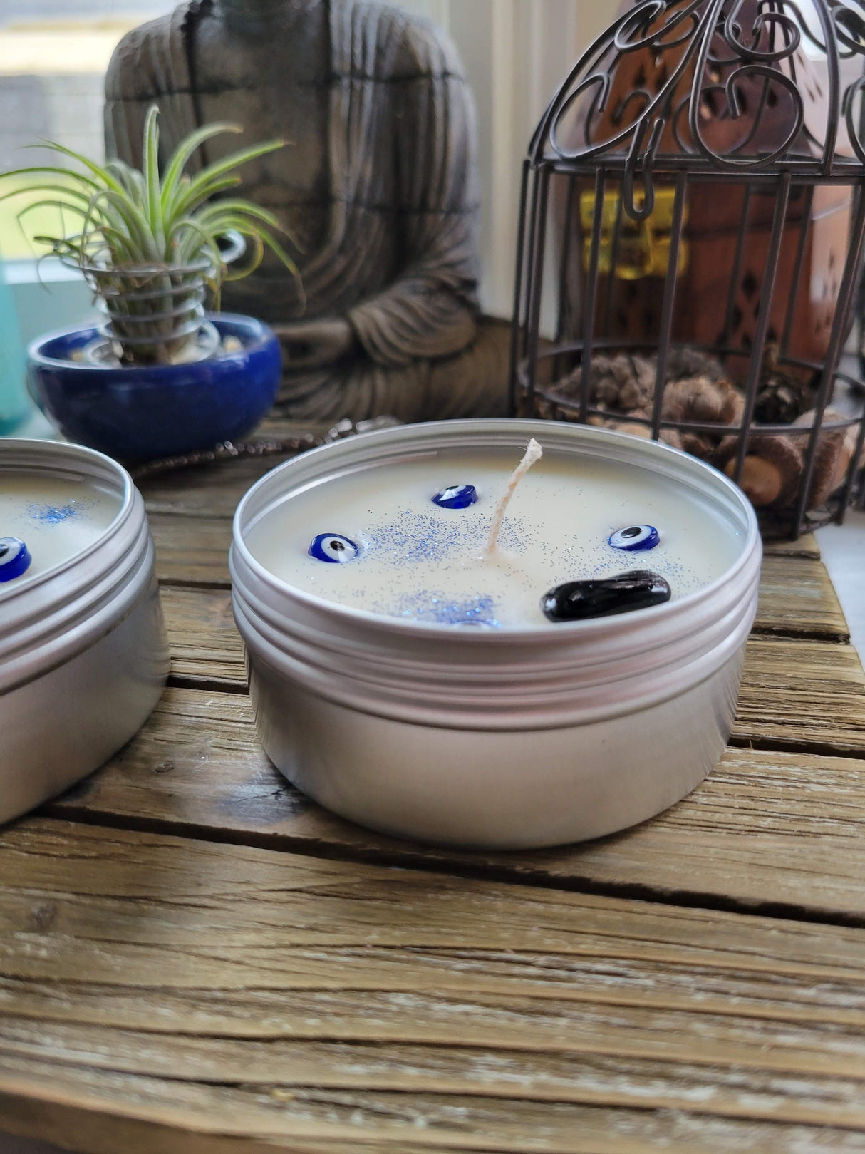 Evil Eye Protection Candle: Lavender Scented Soy Candle with Crystal - 4oz Tin