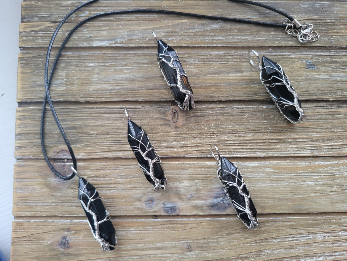 Black Agate Tree of Life Pendant: Wire Wrapped Crystal Necklace