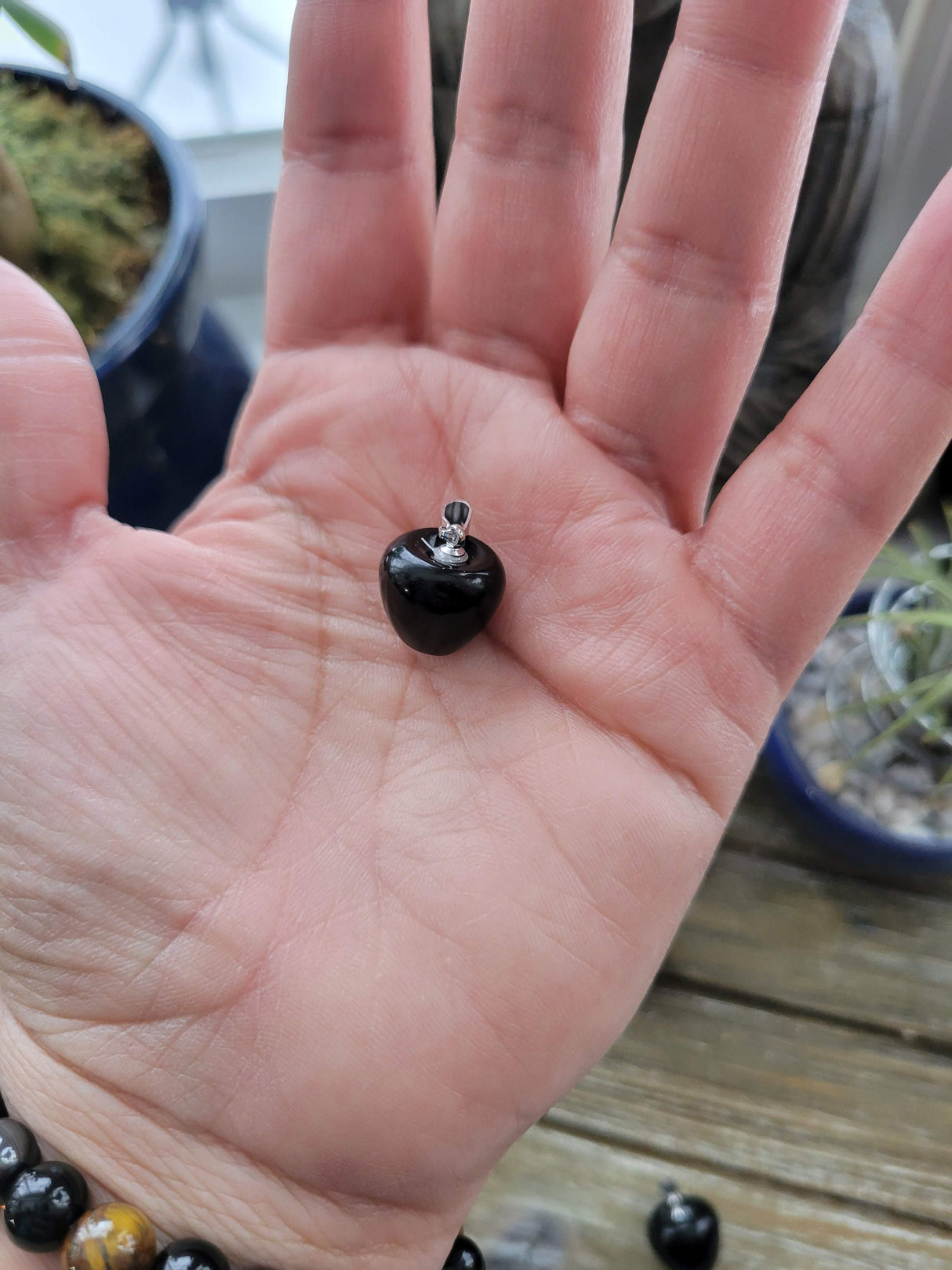 Obsidian Apple Pendant, Crystal Cord Necklace