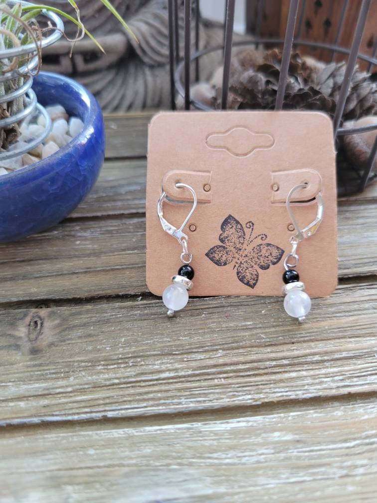Selenite & Onyx Dangle Earrings: Hypoallergenic Crystal Jewelry