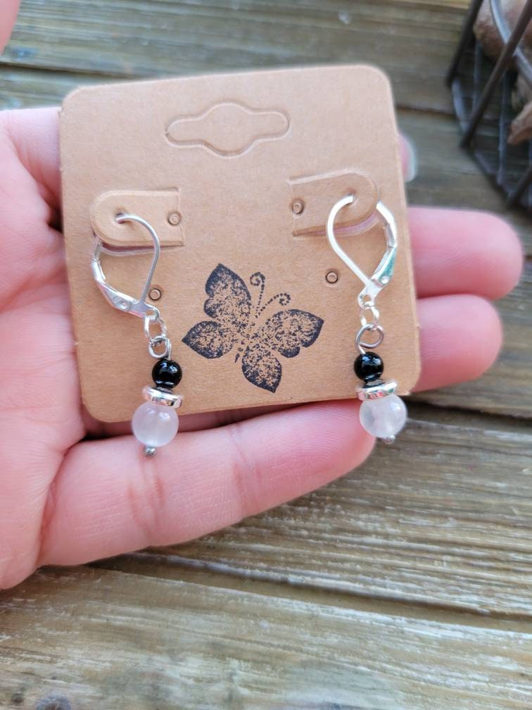 Selenite & Onyx Dangle Earrings: Hypoallergenic Crystal Jewelry