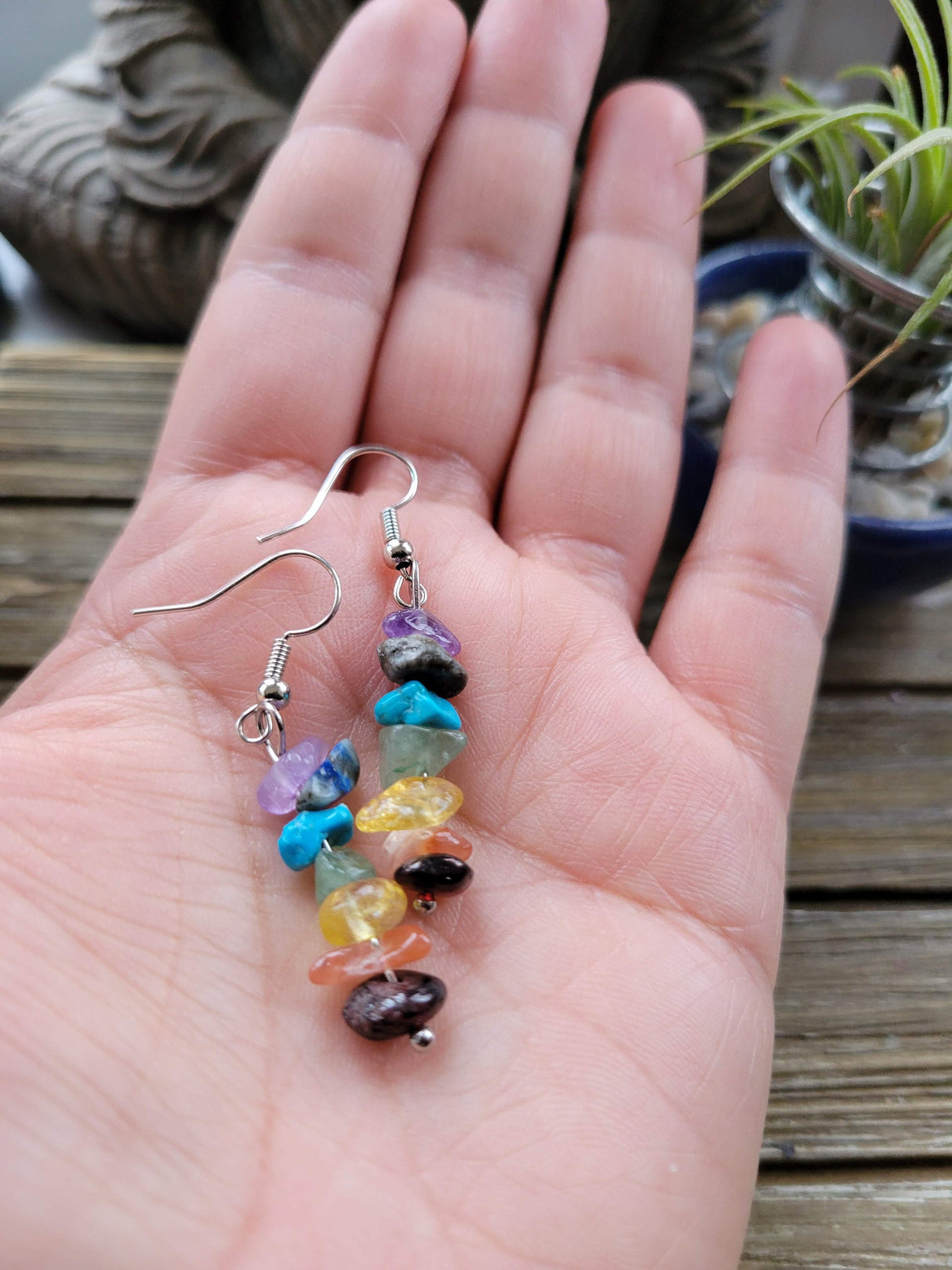 Seven Chakras Crystal Chips Earrings ,Rainbow Earrings Dangle Stacked Stone Drop Earrings