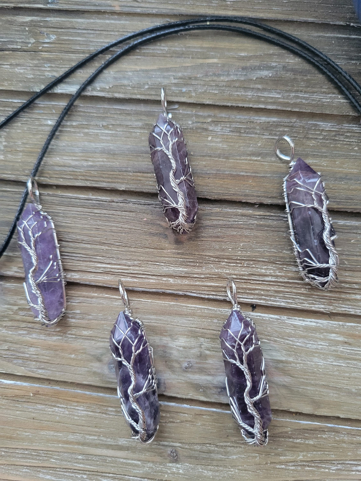 Natural Amethyst Big Wire Wrapped Pendants and Cord