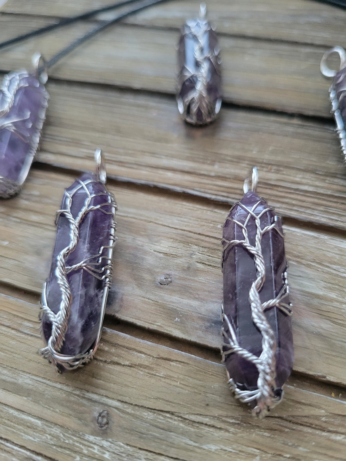 Natural Amethyst Big Wire Wrapped Pendants and Cord