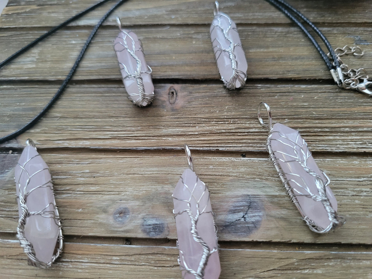 Rose Quartz Tree of Life Pendant: Brass Wire Wrapped Crystal Jewelry