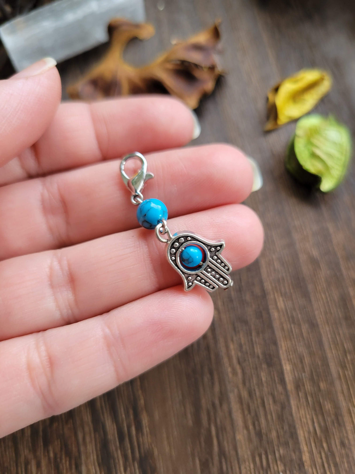 Hamsa Hand Pendant: Mixed Stone Bead, Evil Eye Charm