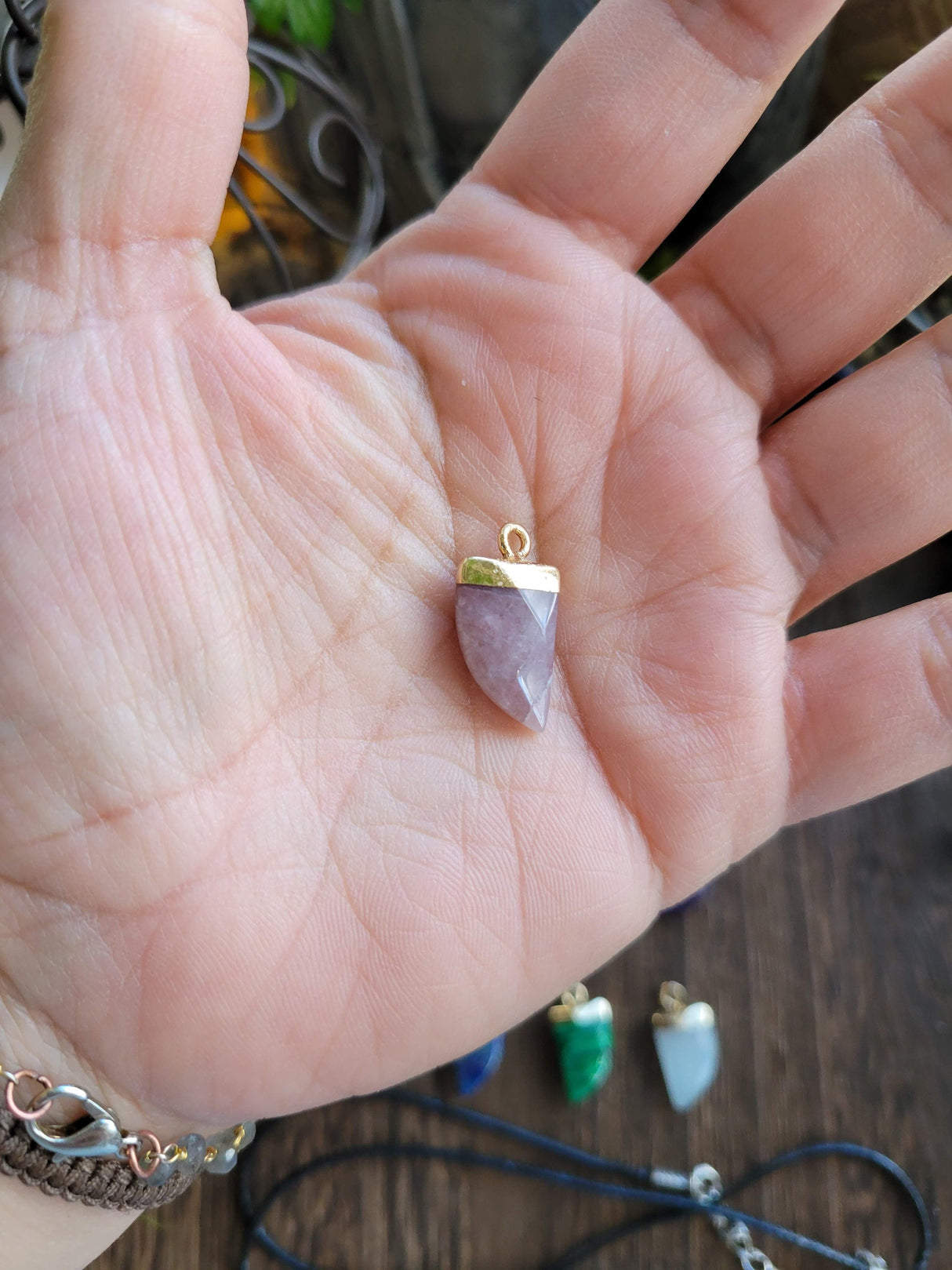 Natural Gemstones Pendants, Top Light Gold Plated, Scabbard Faceted Crystal with Cord